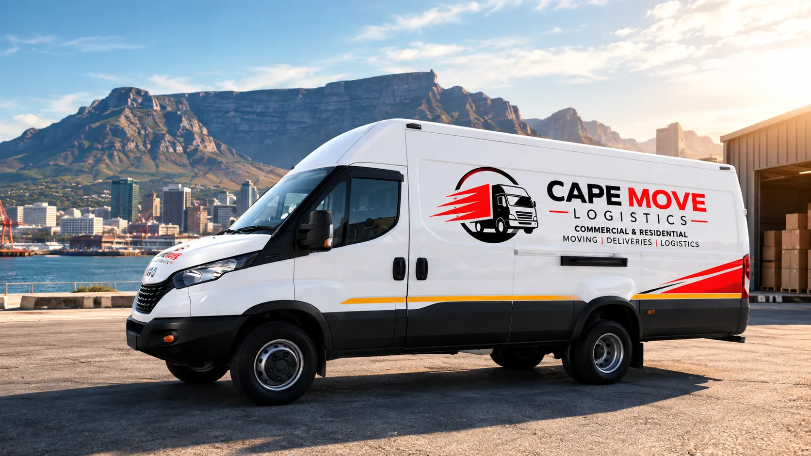 Cape Move Logistics branded truck at the Cape Town waterfront with Table Mountain in the background, representing the areas we serve