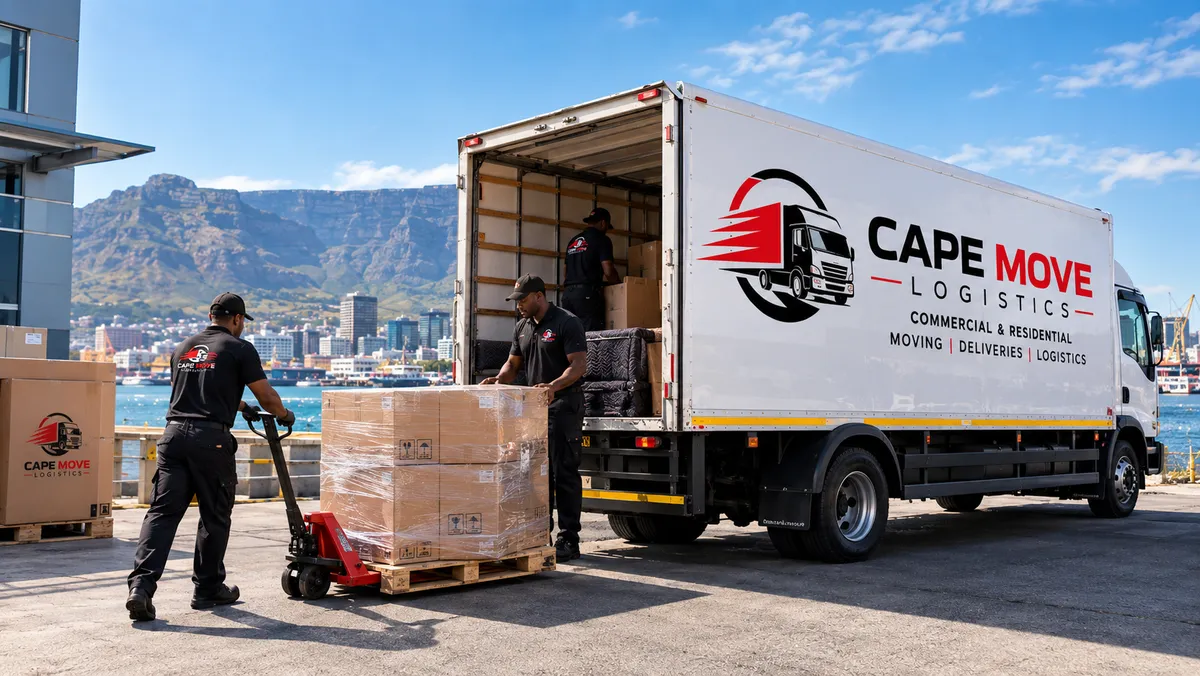 Cape Move Logistics team loading a branded moving truck at the Cape Town harbour with Table Mountain in the background