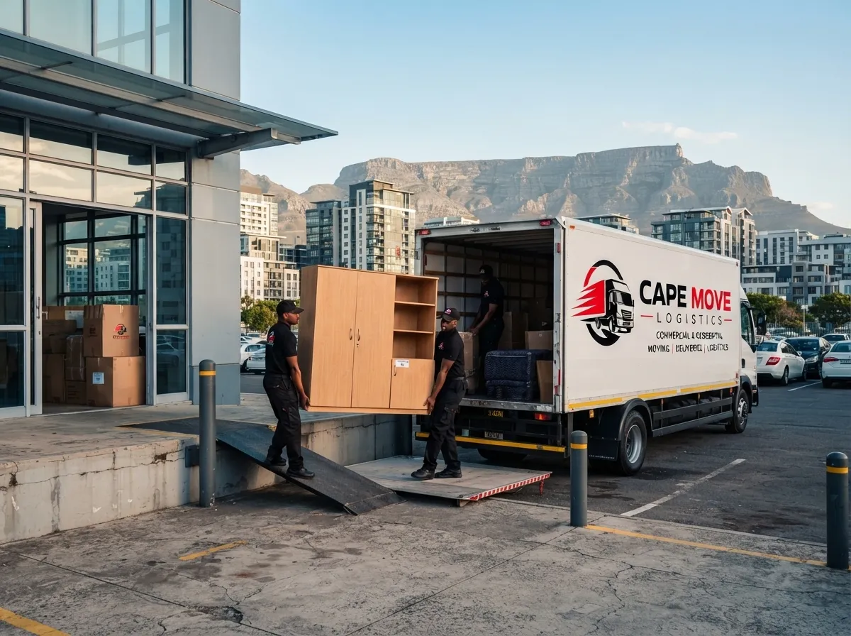 Cape Move Logistics movers carrying an office cabinet down a ramp from a branded truck at a Cape Town office building