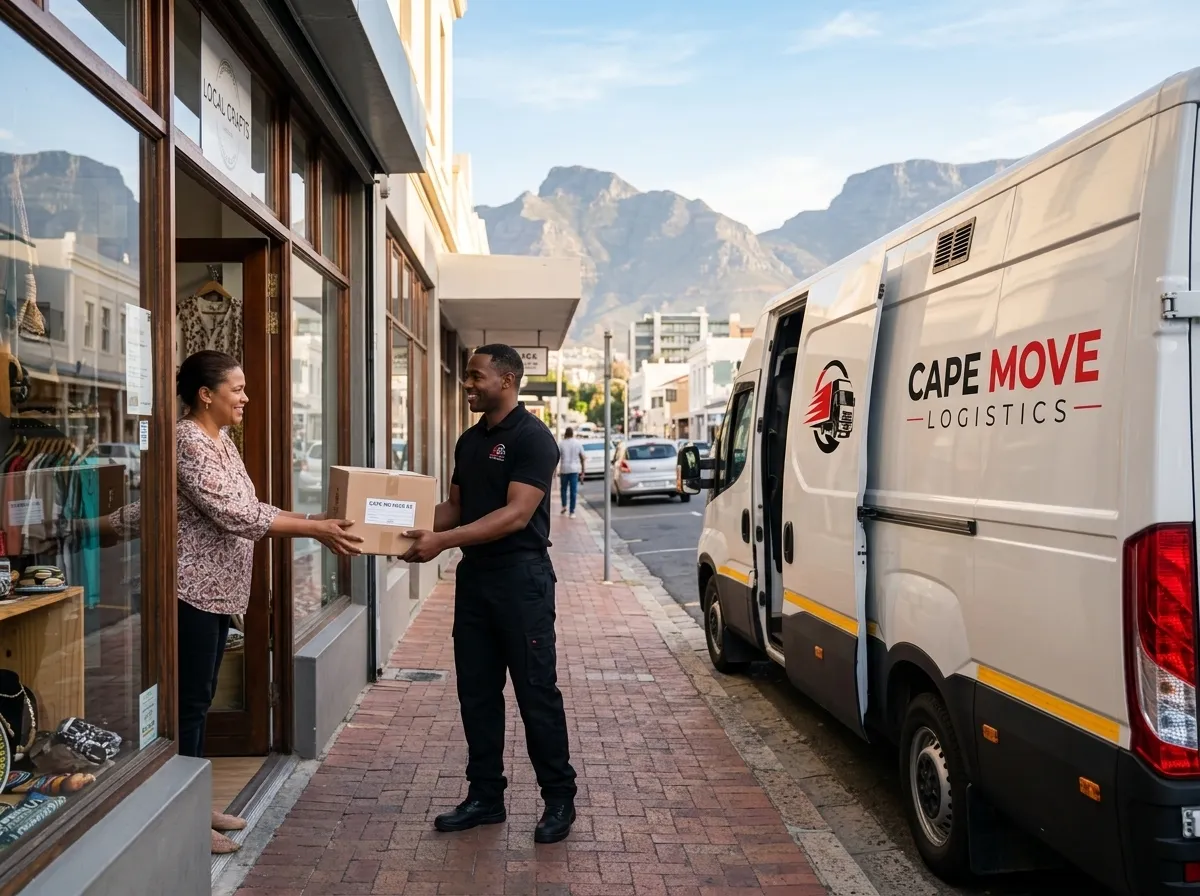 A Cape Move Logistics driver handing a parcel to a shop owner outside a Cape Town retail store, branded van parked alongside