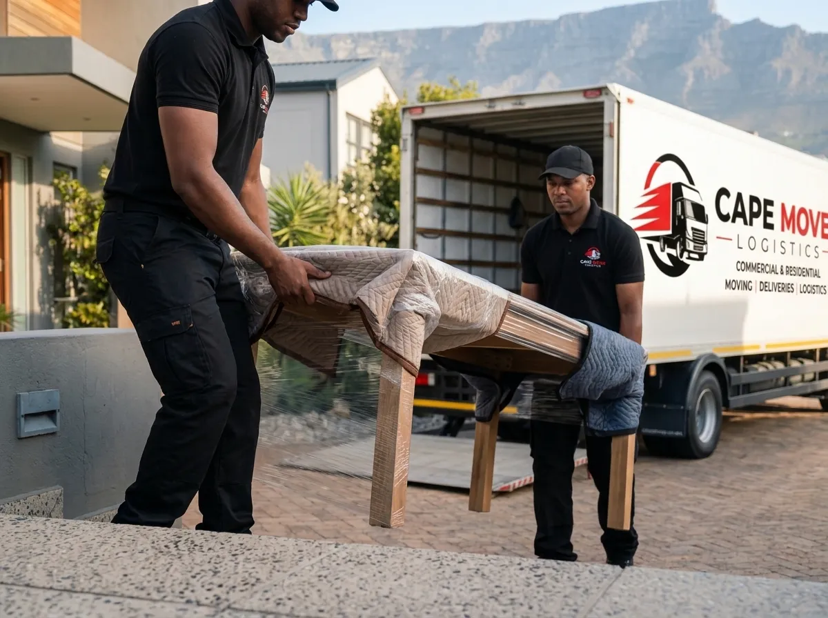 Cape Move Logistics movers carrying a wrapped wooden dining table from a branded truck at a Cape Town home