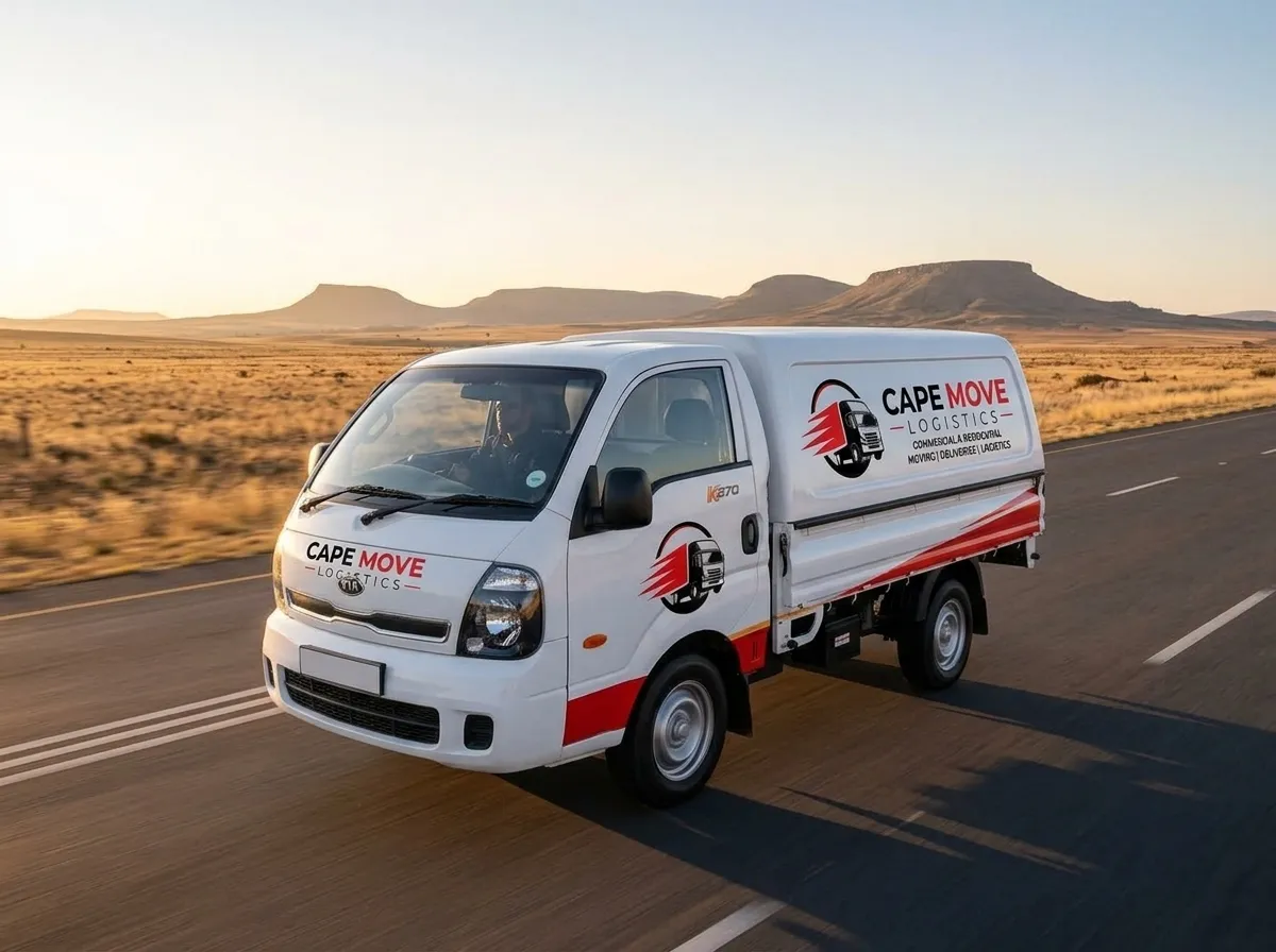 Cape Move Logistics branded Kia K2700 bakkie driving on an open highway through the Karoo at golden hour