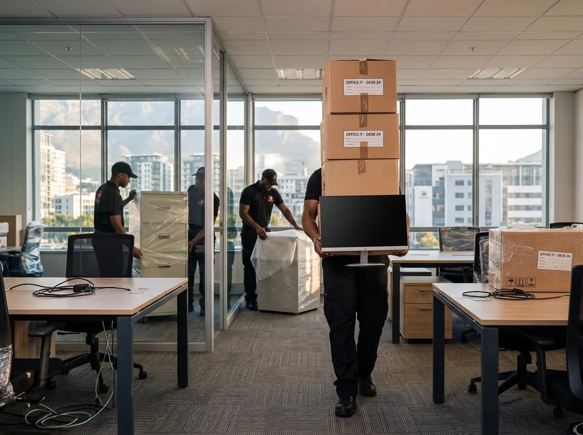 Cape Move Logistics movers packing office IT equipment and filing cabinets in a Cape Town office with Table Mountain visible through the window
