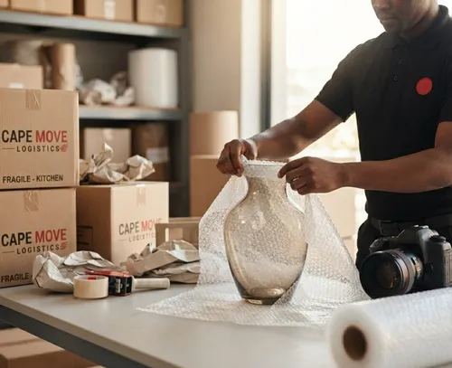 Cape Move Logistics team member wrapping a glass vase in bubble wrap next to branded fragile-labelled boxes