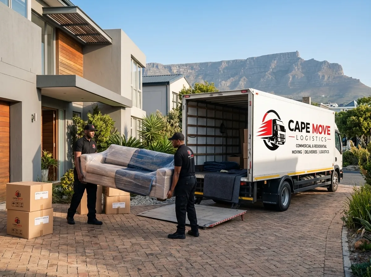Cape Move Logistics movers carrying a wrapped sofa into a branded truck outside a modern Cape Town home with Table Mountain in the background