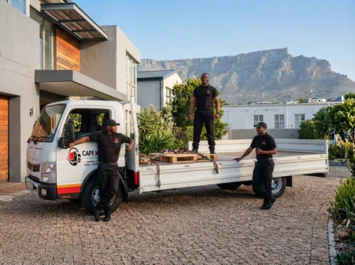 Cape Move Logistics team loading a flatbed moving truck at a Cape Town home with Table Mountain in the background