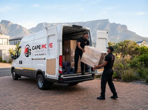 Cape Move Logistics team loading a branded van with boxes and rolled goods in Cape Town