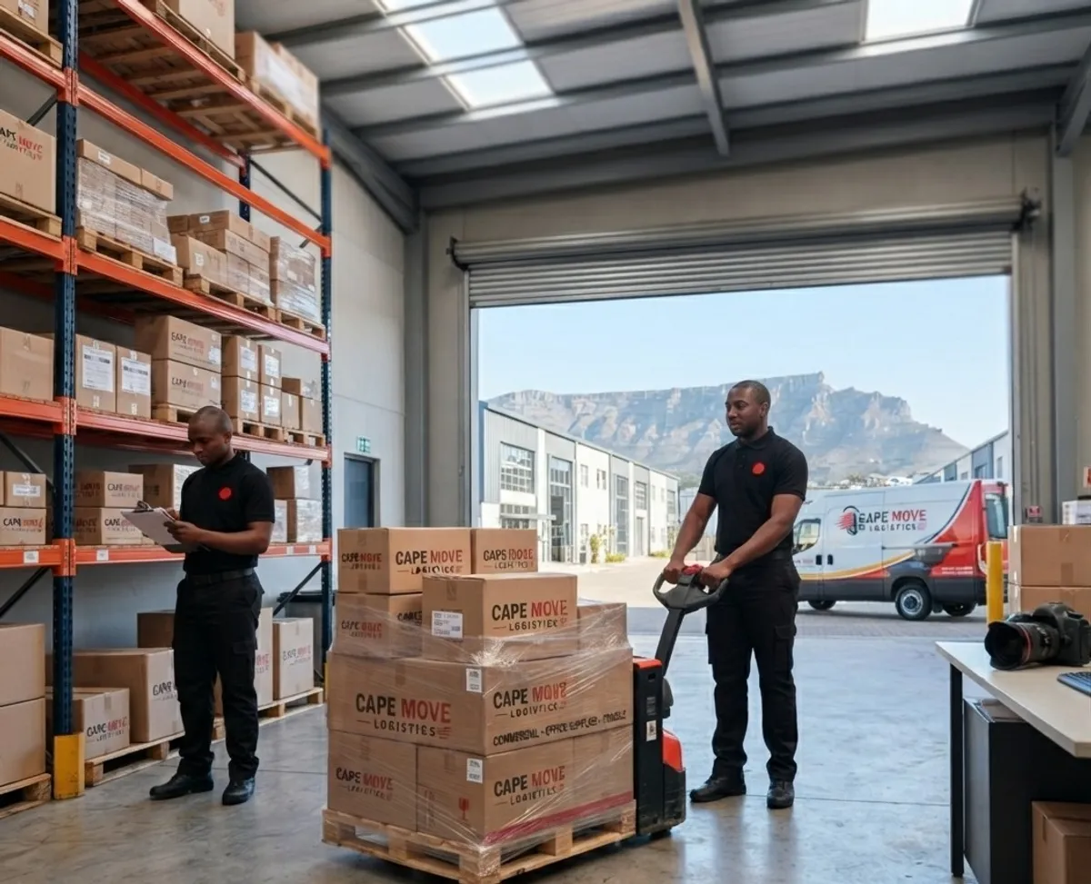 Cape Move Logistics team checking stock and moving palletised boxes on pallet racking inside a Cape Town warehouse, Table Mountain visible through the open roller door